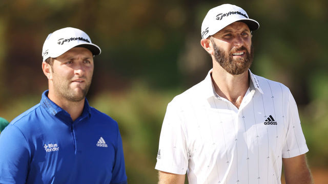 AUGUSTA, GEORGIA - NOVEMBER 14: Jon Rahm of Spain and Dustin Johnson of the United States walk on the seventh hole during the third round of the Masters at Augusta National Golf Club on November 14, 2020 in Augusta, Georgia.
