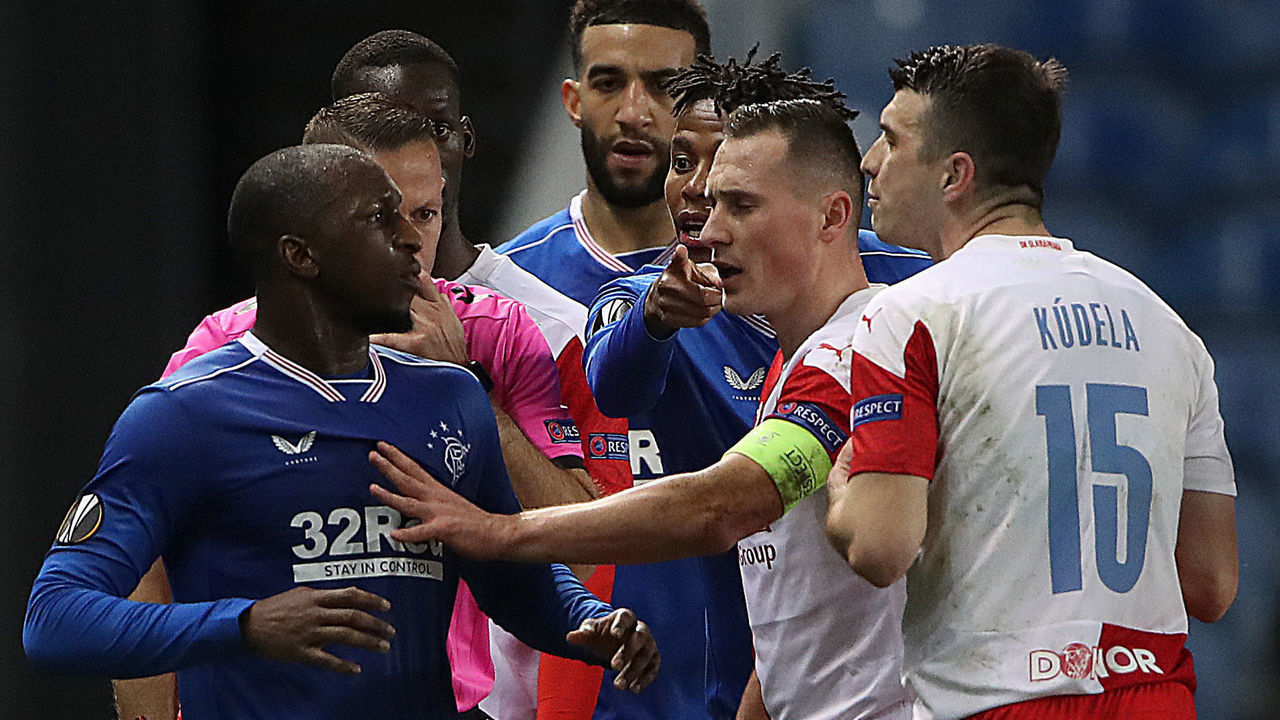 GLASGOW, SCOTLAND - MARCH 18: Glen Kamara of Rangers clashes with Ondrej Kudela of Slavia Praha during the UEFA Europa League Round of 16 Second Leg match between Rangers and Slavia Praha at Ibrox Stadium on March 18, 2021 in Glasgow, Scotland. Sporting stadiums around Europe remain under strict restrictions due to the Coronavirus Pandemic as Government social distancing laws prohibit fans inside venues resulting in games being played behind closed doors.