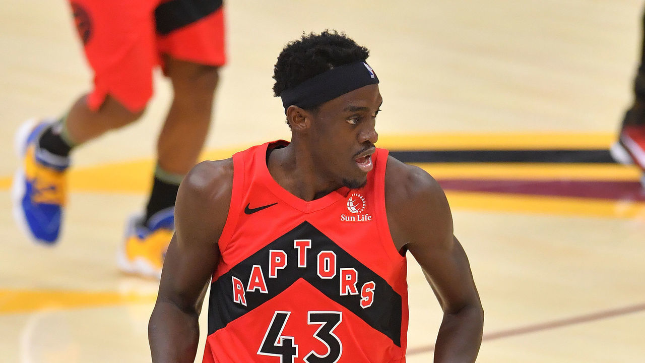 CLEVELAND, OHIO - MARCH 21: Pascal Siakam #43 of the Toronto Raptors brings the ball up court during the third quarter against the Cleveland Cavaliers at Rocket Mortgage Fieldhouse on March 21, 2021 in Cleveland, Ohio. NOTE TO USER: User expressly acknowledges and agrees that, by downloading and/or using this photograph, user is consenting to the terms and conditions of the Getty Images License Agreement.