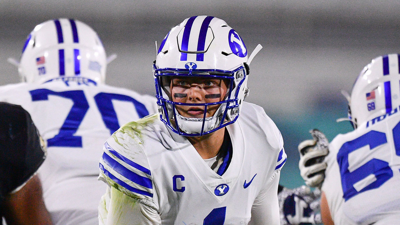 BOCA RATON, FLORIDA - DECEMBER 22: Zach Wilson #1 of the Brigham Young Cougars in action against the Central Florida Knights at FAU Stadium on December 22, 2020 in Boca Raton, Florida.