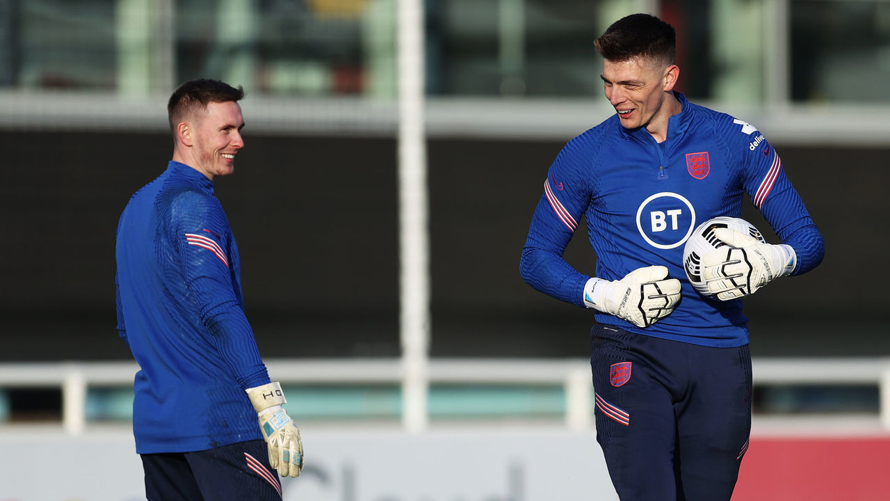 BURTON UPON TRENT, ENGLAND - MARCH 22: Dean Henderson and Nick Pope of England look on during a training session ahead of an upcoming FIFA World Cup Qatar 2022 Euro Qualifier against San Marino at St George's Park on March 22, 2021 in Burton upon Trent, England.