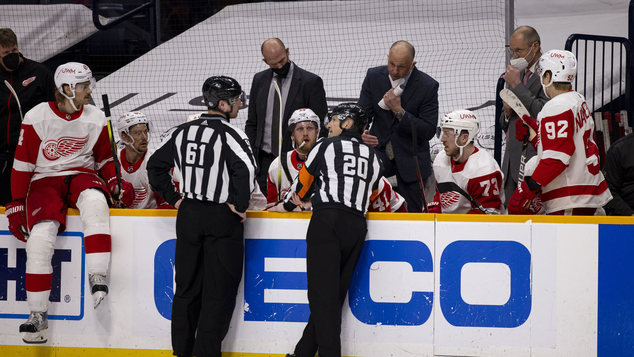 NASHVILLE, TN - MARCH 23: Head coach Jeff Blashill of the Detroit Red Wings challenges a goal by the Nashville Predators during the second period at Bridgestone Arena on March 23, 2021 in Nashville, Tennessee.