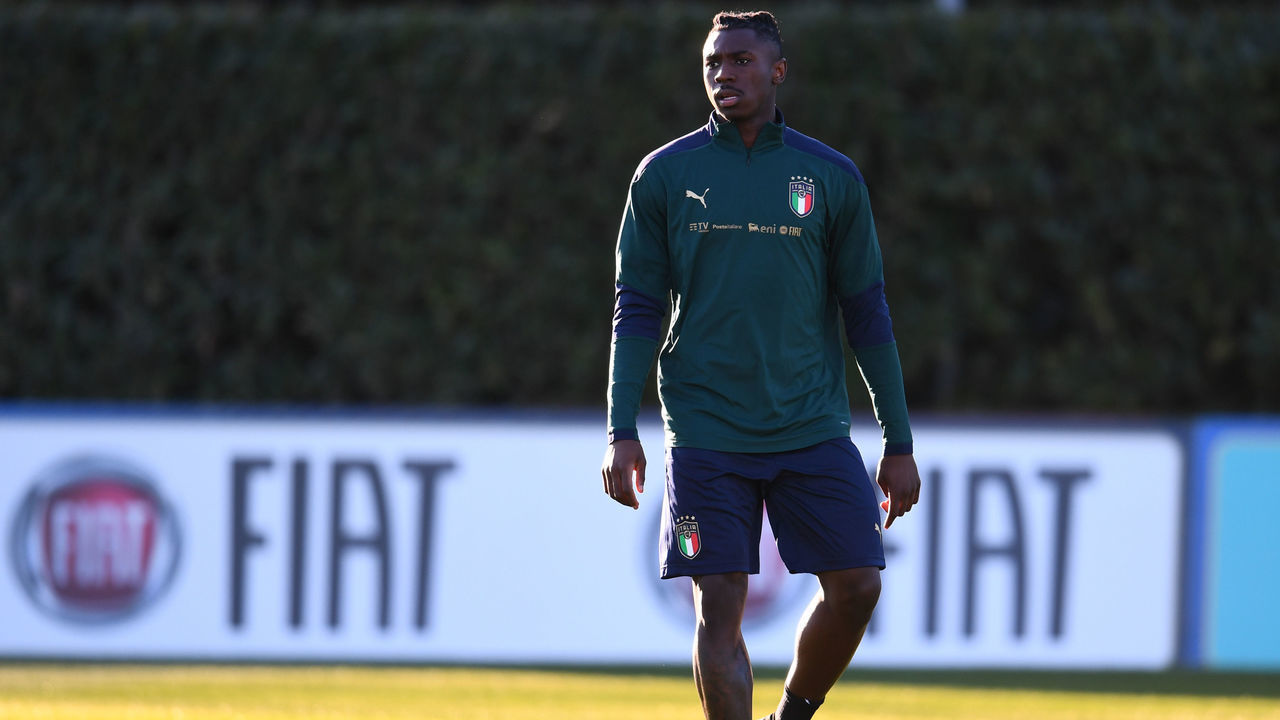 FLORENCE, ITALY - MARCH 22: Moise Kean attends an Italy training sessionat Centro Tecnico Federale di Coverciano on March 22, 2021 in Florence, Italy.