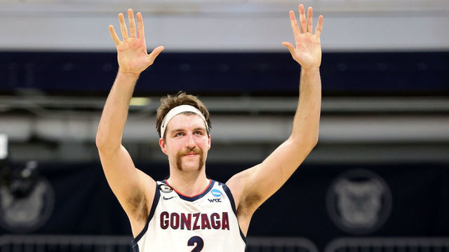 INDIANAPOLIS, INDIANA - MARCH 22: Drew Timme #2 of the Gonzaga Bulldogs reacts to beating the Oklahoma Sooners in the second round game of the 2021 NCAA Men's Basketball Tournament at Hinkle Fieldhouse on March 22, 2021 in Indianapolis, Indiana.