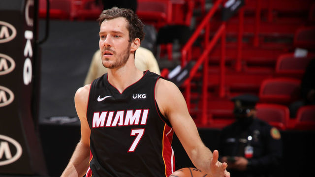 MIAMI, FL - FEBRUARY 5: Goran Dragic #7 of the Miami Heat dribbles during the game against the Washington Wizards on February 5, 2021 at American Airlines Arena in Miami, Florida. Mandatory Copyright Notice: Copyright 2021 NBAE