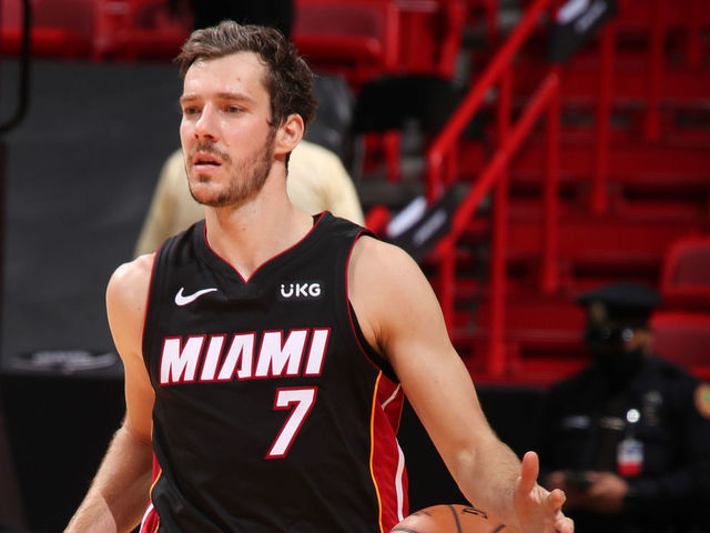 MIAMI, FL - FEBRUARY 5: Goran Dragic #7 of the Miami Heat dribbles during the game against the Washington Wizards on February 5, 2021 at American Airlines Arena in Miami, Florida. Mandatory Copyright Notice: Copyright 2021 NBAE
