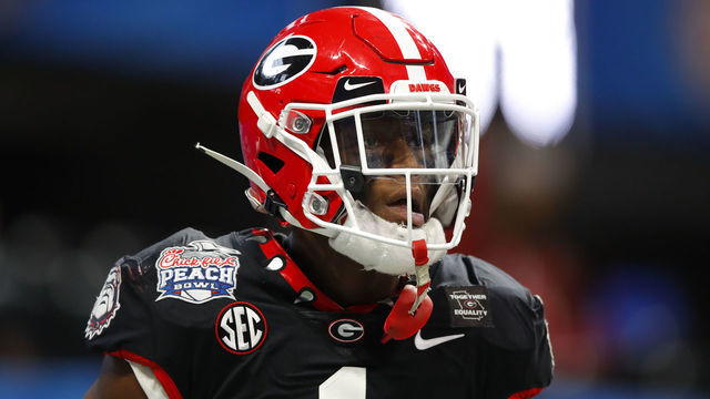 ATLANTA, GA - JANUARY 01: George Pickens #1 of the Georgia Bulldogs reacts after a touchdown during the first half of the Chick-fil-A Peach Bowl against the Cincinnati Bearcats at Mercedes-Benz Stadium on January 1, 2021 in Atlanta, Georgia.