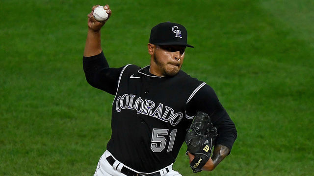 DENVER, CO - SEPTEMBER 19: Colorado Rockies relief pitcher A.J. Ramos pitches against the Los Angeles Dodgers during a game at Coors Field in Denver, Colorado on September 19, 2020.
