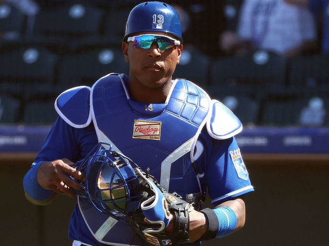 SURPRISE, ARIZONA - MARCH 19: Salvador Perez #13 of the Kansas City Royals looks on in the fourth inning against the Los Angeles Angels during the MLB spring training game at Surprise Stadium on March 19, 2021 in Surprise, Arizona.