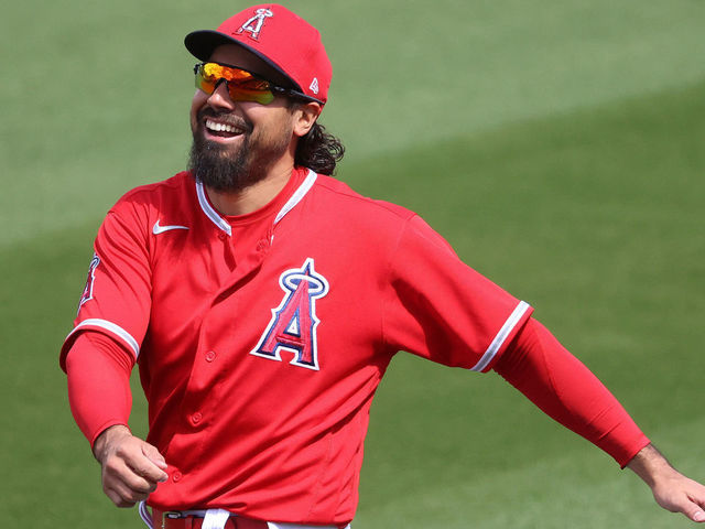 TEMPE, ARIZONA - MARCH 16: Anthony Rendon #6 of the Los Angeles Angels warms up before the game against the Cleveland Indians during the MLB spring training baseball game at Tempe Diablo Stadium on March 16, 2021 in Tempe, Arizona.