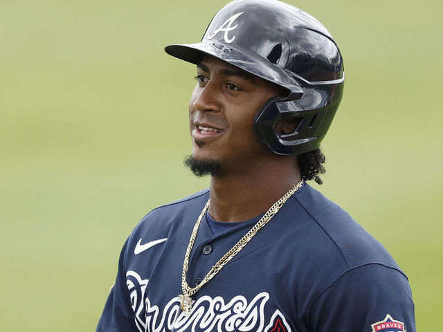 PORT CHARLOTTE, FLORIDA - MARCH 21: Ozzie Albies #1 of the Atlanta Braves in action against the Tampa Bay Rays during a Grapefruit League spring training game at Charlotte Sports Park on March 21, 2021 in Port Charlotte, Florida.