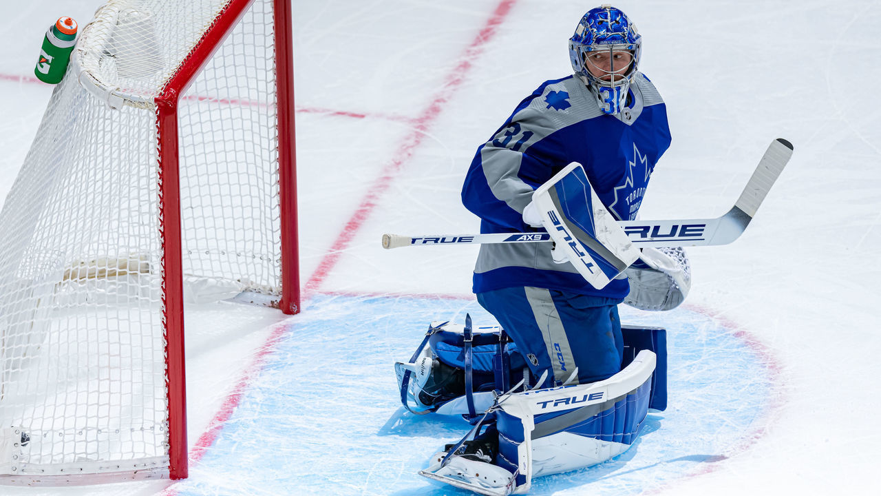 TORONTO, ON - MARCH 09: Toronto Maple Leafs Goalie Frederik Andersen (31) watches the puck go into the net for a goal during the NHL regular season game between the Winnipeg Jets and the Toronto Maple Leafs on March 9, 2021, at Scotiabank Arena in Toronto, ON, Canada.