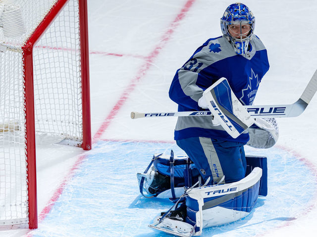 TORONTO, ON - MARCH 09: Toronto Maple Leafs Goalie Frederik Andersen (31) watches the puck go into the net for a goal during the NHL regular season game between the Winnipeg Jets and the Toronto Maple Leafs on March 9, 2021, at Scotiabank Arena in Toronto, ON, Canada.