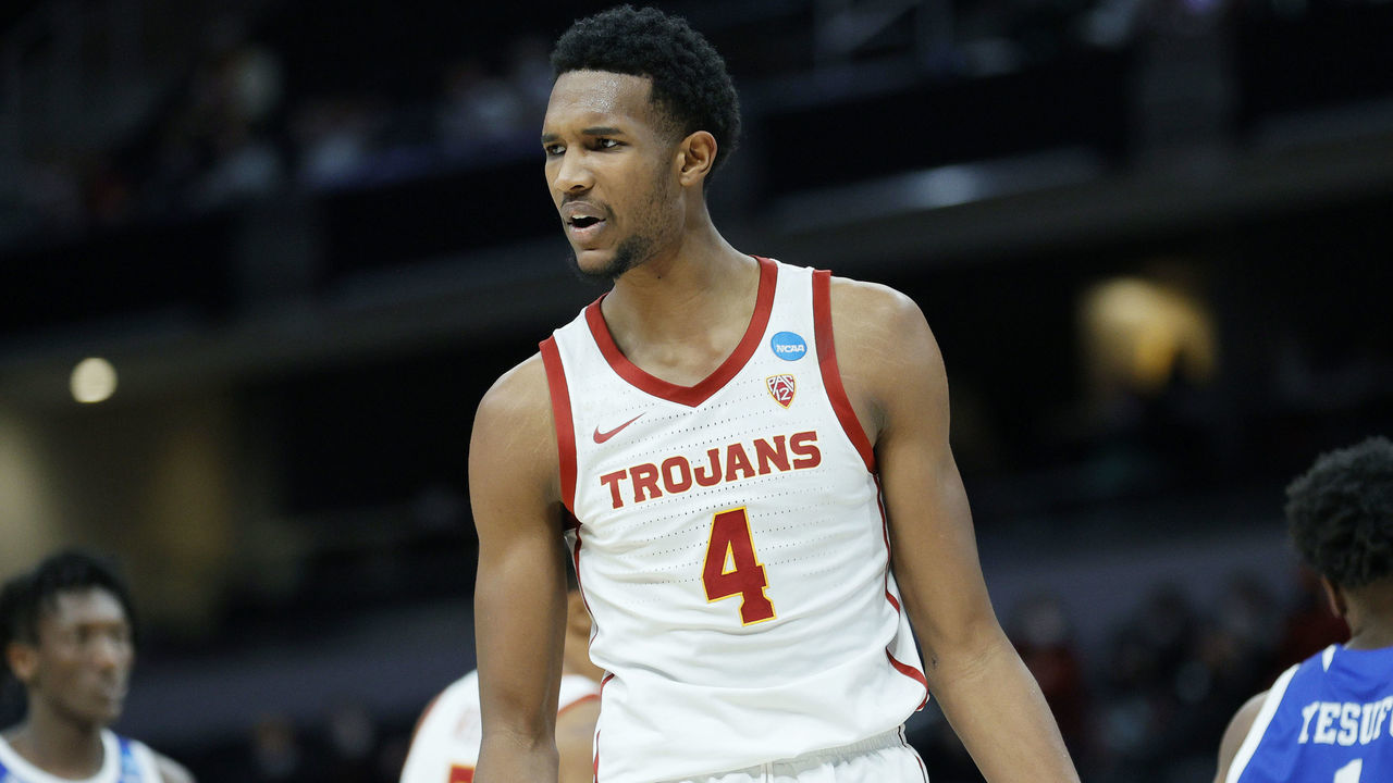 INDIANAPOLIS, INDIANA - MARCH 20: Evan Mobley #4 of the USC Trojans reacts during the second half against the Drake Bulldogs in the first round game of the 2021 NCAA Men's Basketball Tournament at Bankers Life Fieldhouse on March 20, 2021 in Indianapolis, Indiana.