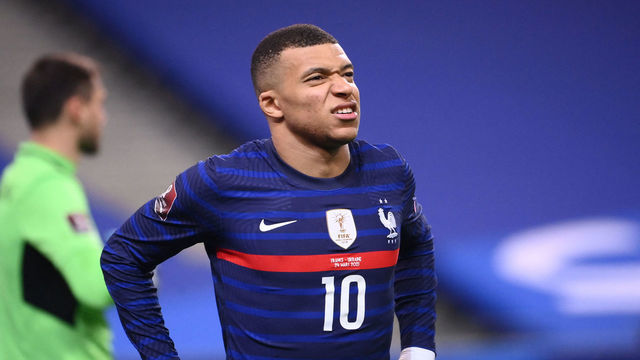 France's forward Kylian Mbappe reacts during the FIFA World Cup Qatar 2022 qualification football match between France and Ukraine at the Stade de France in Saint-Denis, outside Paris, on March 24, 2021.