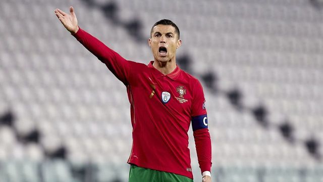 TURIN, ITALY - MARCH 24: Cristiano Ronaldo of Portugal reacts during the FIFA World Cup 2022 Qatar qualifying match between Portugal and Azerbaijan on March 24, 2021 in Turin, Italy.