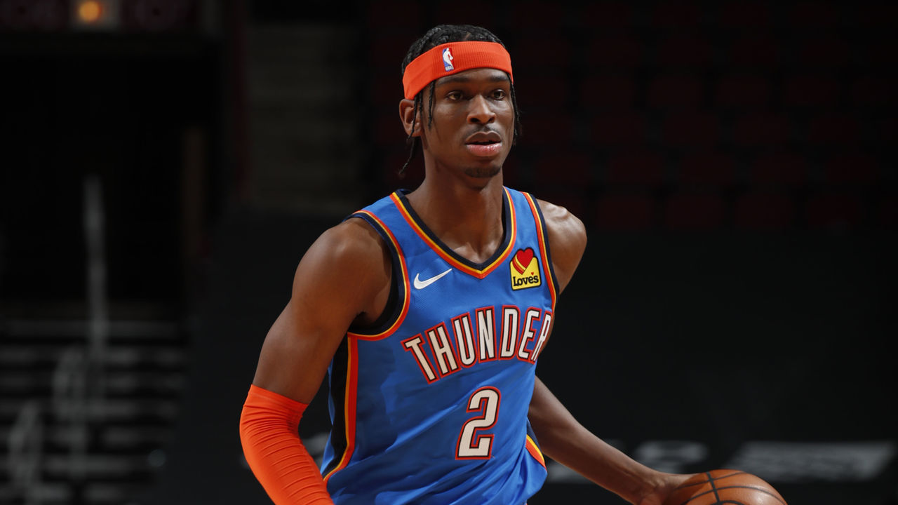 CHICAGO, IL - MARCH 16: Shai Gilgeous-Alexander #2 of the Oklahoma City Thunder handles the ball against the Chicago Bulls on March 16, 2021 at United Center in Chicago, Illinois. Mandatory Copyright Notice: Copyright 2021 NBAE