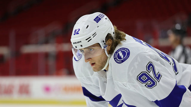 RALEIGH, NC - FEBRUARY 20: Tampa Bay Lightning right wing Alexander Volkov (92) during 2nd period of the Carolina Hurricanes vs Tampa Bay Lightning on February 20th, 2021 at PNC Arena in Raleigh, NC.