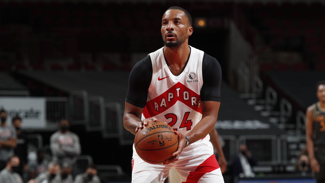 CHICAGO, IL - MARCH 14: Norman Powell #24 of the Toronto Raptors shoots a free throw during the game against the Chicago Bulls on March 14, 2021 at United Center in Chicago, Illinois. Mandatory Copyright Notice: Copyright 2021 NBAE
