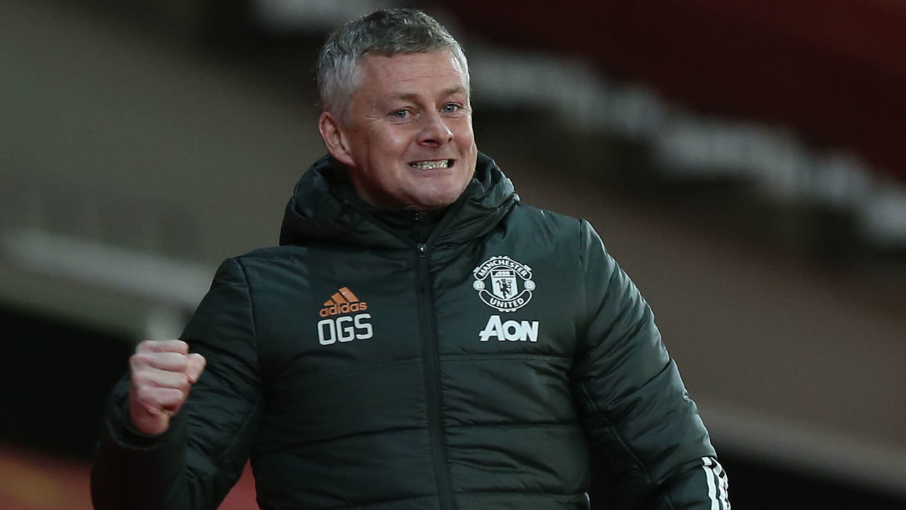 MANCHESTER, ENGLAND - DECEMBER 20: Manager Ole Gunnar Solskjaer of Manchester United celebrates Bruno Fernandes scoring their third goal during the Premier League match between Manchester United and Leeds United at Old Trafford on December 20, 2020 in Manchester, England.