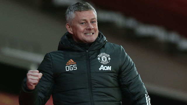 MANCHESTER, ENGLAND - DECEMBER 20: Manager Ole Gunnar Solskjaer of Manchester United celebrates Bruno Fernandes scoring their third goal during the Premier League match between Manchester United and Leeds United at Old Trafford on December 20, 2020 in Manchester, England.
