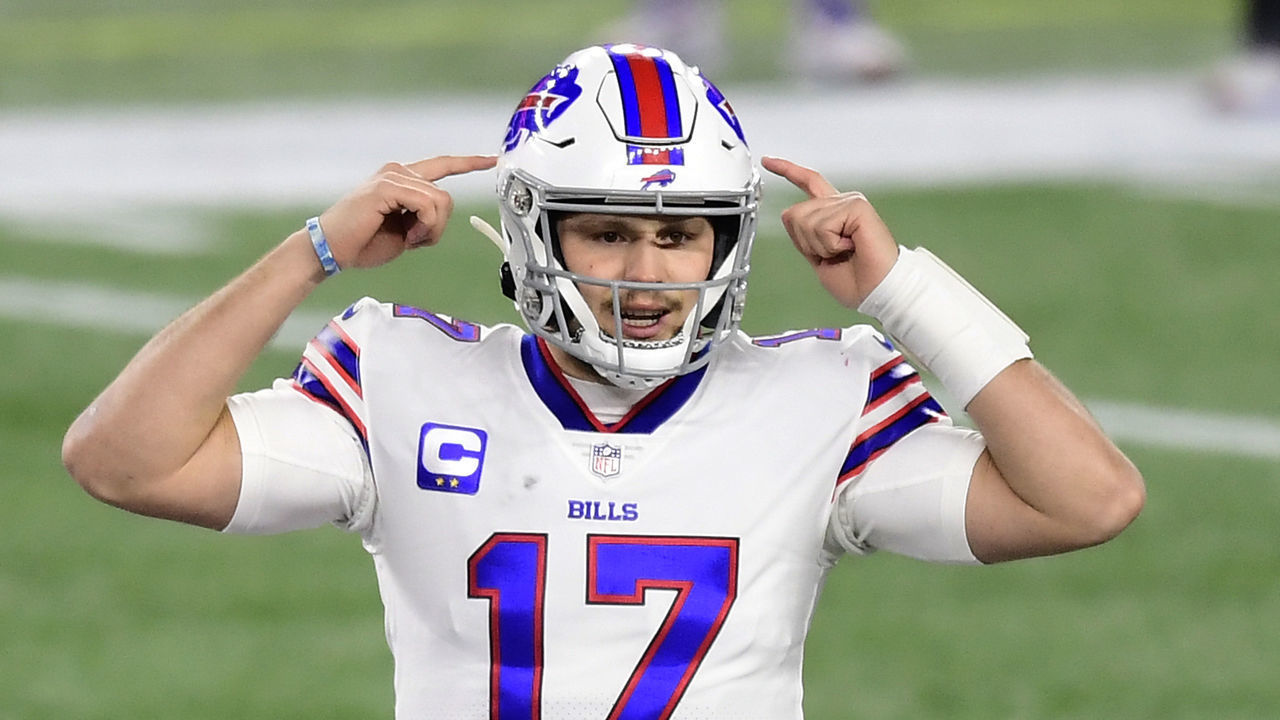 FOXBOROUGH, MA - DECEMBER 28: Josh Allen #17 of the Buffalo Bills throws reacts the first quarter of a game against the New England Patriots at Gillette Stadium on December 28, 2020 in Foxborough, Massachusetts.