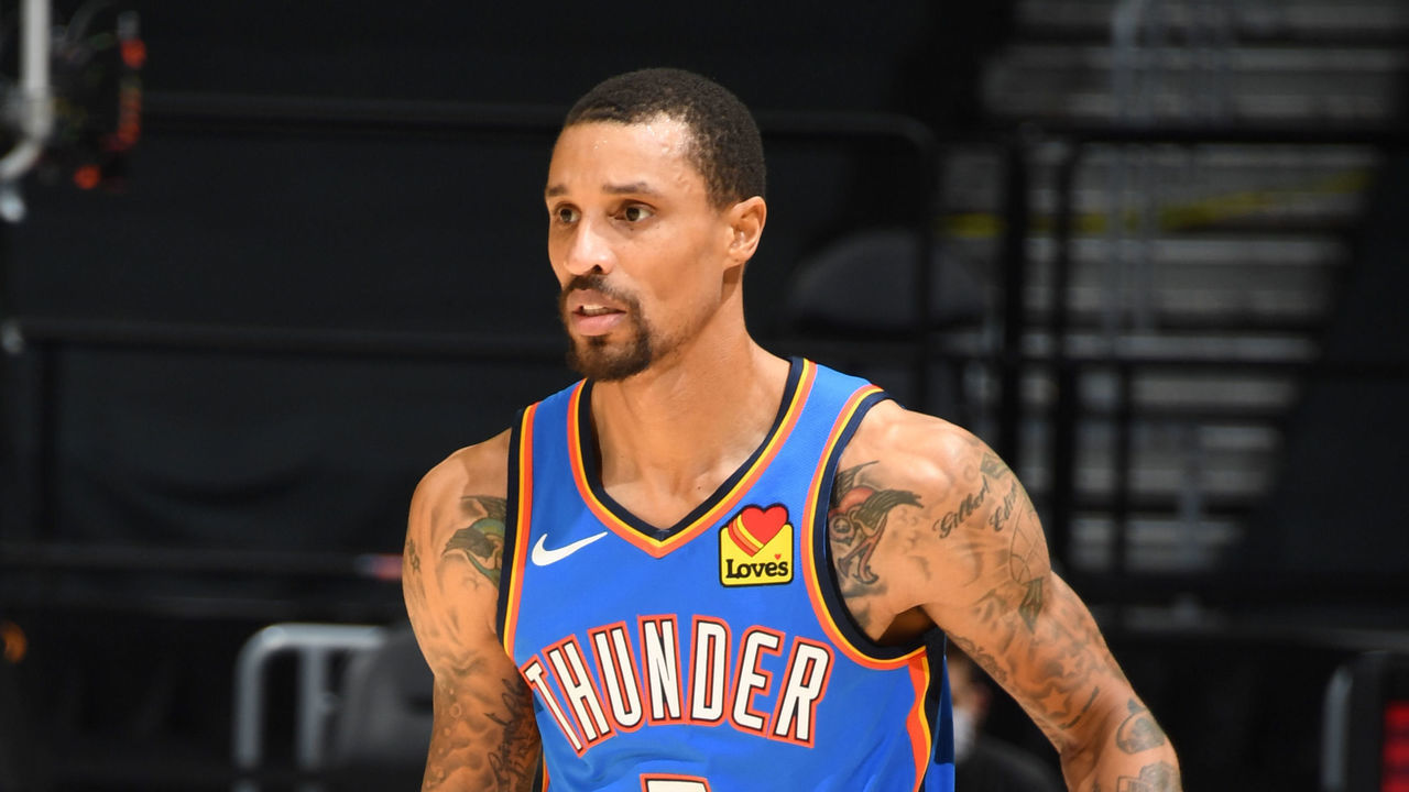 LOS ANGELES, CA - JANUARY 24: George Hill #3 of the Oklahoma City Thunder handles the ball during the game against the LA Clippers on January 24, 2021 at STAPLES Center in Los Angeles, California. NOTE TO USER: User expressly acknowledges and agrees that, by downloading and/or using this Photograph, user is consenting to the terms and conditions of the Getty Images License Agreement. Mandatory Copyright Notice: Copyright 2021 NBAE