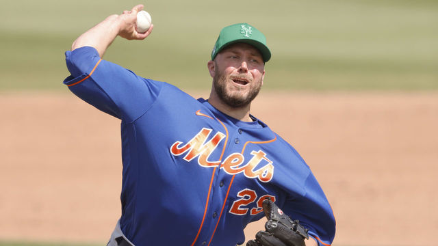 JUPITER, FLORIDA - MARCH 17: Tommy Hunter #29 of the New York Mets delivers a pitch against the Miami Marlins during the seventh inning of a Grapefruit League spring training game at Roger Dean Stadium on March 17, 2021 in Jupiter, Florida.