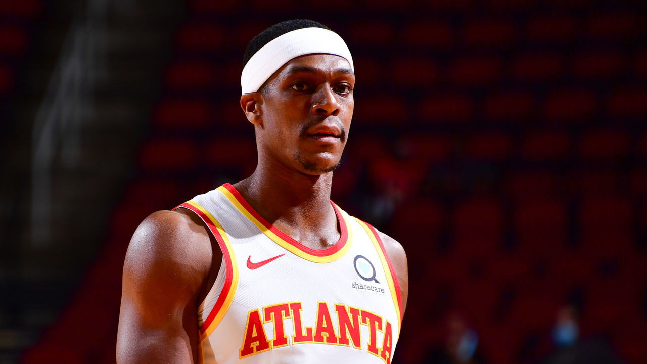 HOUSTON, TX - MARCH 16: Rajon Rondo #7 of the Atlanta Hawks looks on during the game against the Houston Rockets on March 16, 2021 at the Toyota Center in Houston, Texas. Mandatory Copyright Notice: Copyright 2021 NBAE