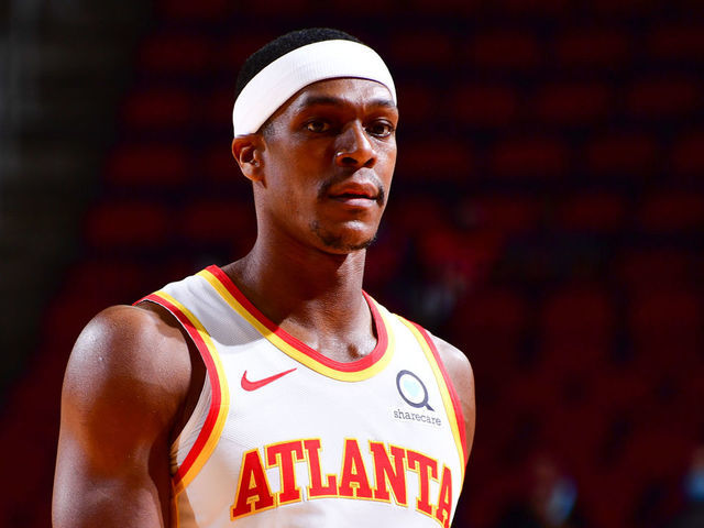 HOUSTON, TX - MARCH 16: Rajon Rondo #7 of the Atlanta Hawks looks on during the game against the Houston Rockets on March 16, 2021 at the Toyota Center in Houston, Texas. Mandatory Copyright Notice: Copyright 2021 NBAE