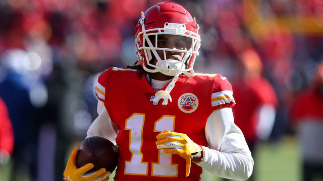 KANSAS CITY, MISSOURI - JANUARY 19: Demarcus Robinson #11 of the Kansas City Chiefs warms up before the AFC Championship Game against the Tennessee Titans at Arrowhead Stadium on January 19, 2020 in Kansas City, Missouri.