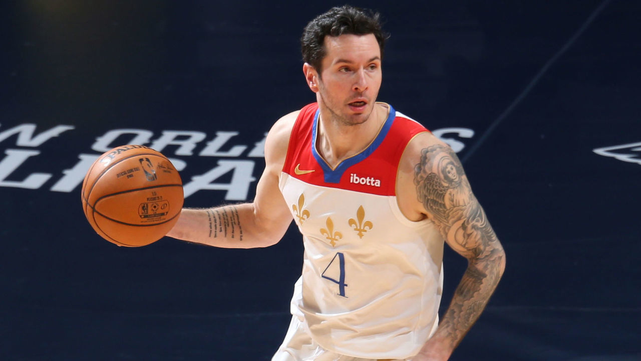 NEW ORLEANS, LA - FEBRUARY 21: JJ Redick #4 of the New Orleans Pelicans handles the ball against the Boston Celtics on February 21, 2021 at the Smoothie King Center in New Orleans, Louisiana. Mandatory Copyright Notice: Copyright 2021 NBAE