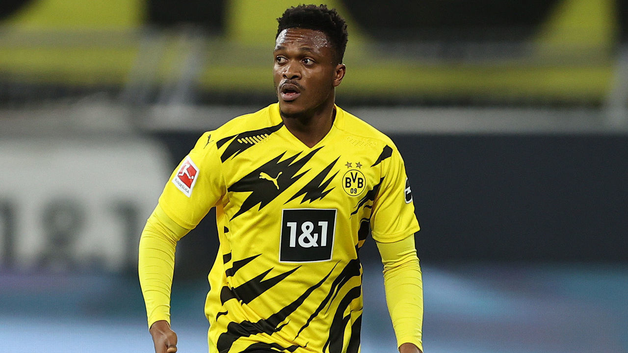 DORTMUND, GERMANY - MARCH 13: Dan Axel Zagadou of Dortmund runs with the ball during the Bundesliga match between Borussia Dortmund and Hertha BSC at Signal Iduna Park on March 13, 2021 in Dortmund, Germany.