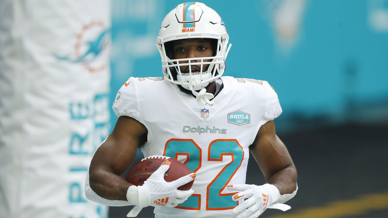 MIAMI GARDENS, FLORIDA - SEPTEMBER 20: Matt Breida #22 of the Miami Dolphins looks on against the Buffalo Bills at Hard Rock Stadium on September 20, 2020 in Miami Gardens, Florida.