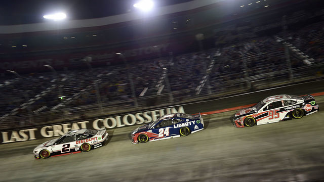 BRISTOL, TENNESSEE - SEPTEMBER 19: Brad Keselowski, driver of the #2 Discount Tire Ford, leads William Byron, driver of the #24 Liberty University Chevrolet, and Christopher Bell, driver of the #95 Rheem Toyota, during the NASCAR Cup Series Bass Pro Shops Night Race at Bristol Motor Speedway on September 19, 2020 in Bristol, Tennessee.