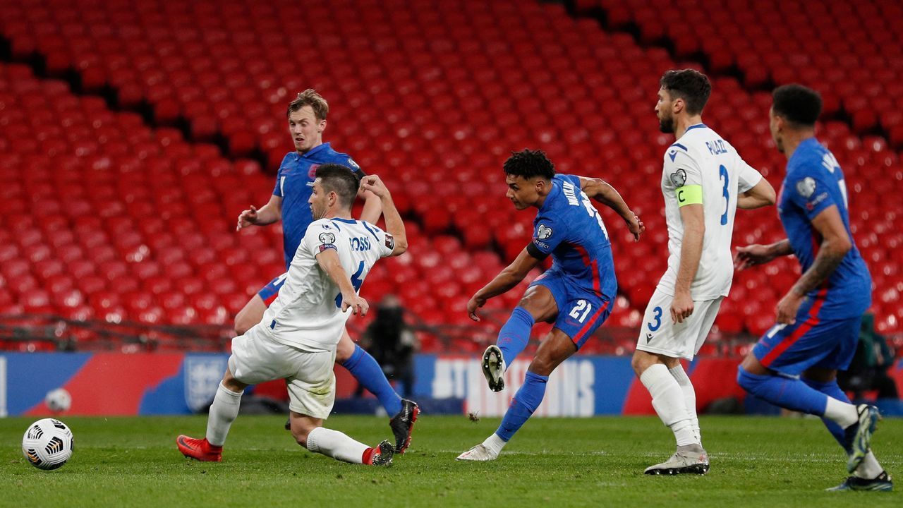England's striker Ollie Watkins (C) scores their fifth goal during the FIFA World Cup Qatar 2022 qualification football match between England and San Marino at Wembley Stadium in London on March 25, 2021. - - NOT FOR MARKETING OR ADVERTISING USE / RESTRICTED TO EDITORIAL USE