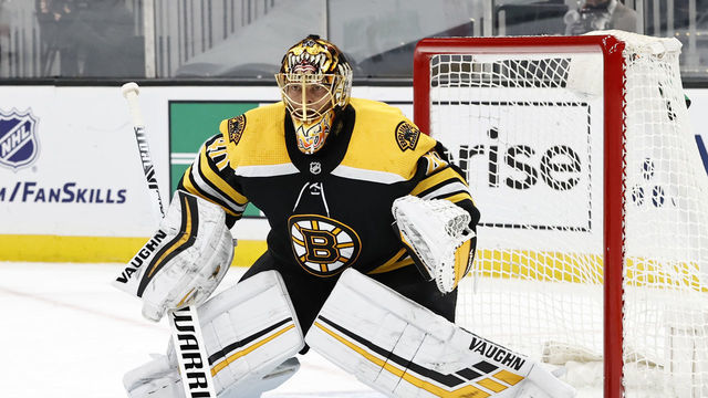BOSTON, MA - MARCH 07: Boston Bruins goalie Tuukka Rask (40) eyes a shot during a game between the Boston Bruins and the New Jersey Devils on March 7, 2021, at TD Garden in Boston, Massachusetts.