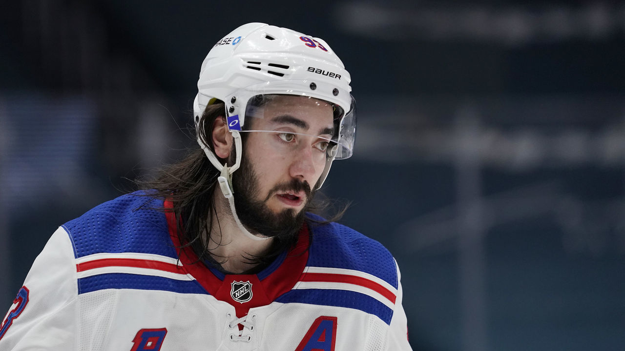 WASHINGTON, DC - MARCH 20: Mika Zibanejad #93 of the New York Rangers skates against the Washington Capitals in the third period at Capital One Arena on March 20, 2021 in Washington, DC.