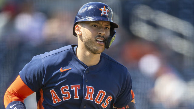 WEST PALM BEACH, FL - MARCH 14: Houston Astros infielder Carlos Correa (1) runs the bases after hitting a home run during an MLB spring training game between the Washington Nationals and the Houston Astros at The Ballpark of The Palm Beaches on March 14, 2021 in West Palm Beach, Florida.