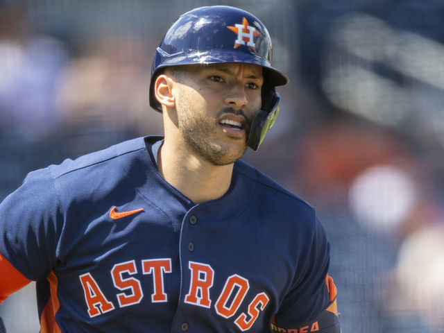 WEST PALM BEACH, FL - MARCH 14: Houston Astros infielder Carlos Correa (1) runs the bases after hitting a home run during an MLB spring training game between the Washington Nationals and the Houston Astros at The Ballpark of The Palm Beaches on March 14, 2021 in West Palm Beach, Florida.