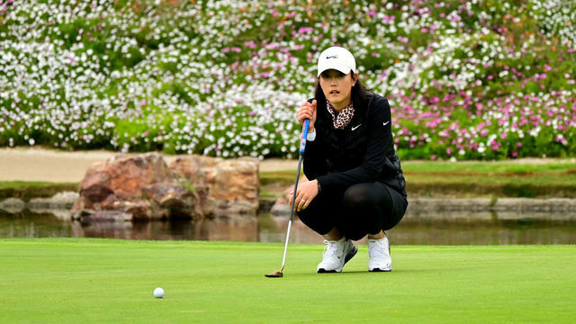 CARLSBAD, CA - MARCH 25: Michelle Wie West lines up a putt on the 8th green hole during Round One of the KIA Classic at the Aviara Golf Club on March 25, 2021 in Carlsbad, California.