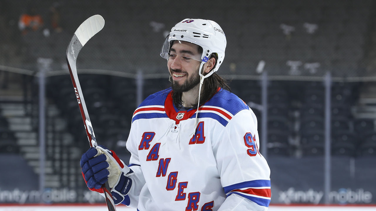 PHILADELPHIA, PA - MARCH 25: Mika Zibanejad #93 of the New York Rangers smiles after the game against the Philadelphia Flyers at the Wells Fargo Center on March 25, 2021 in Philadelphia, Pennsylvania. The Rangers defeated the Flyers 8-3.