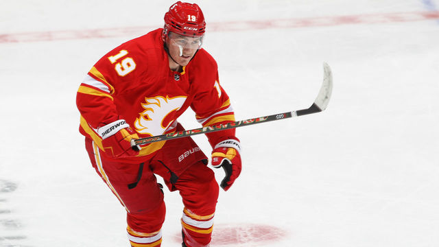 TORONTO, ON - MARCH 19: Matthew Tkachuk #19 of the Calgary Flames skates against the Toronto Maple Leafs during an NHL game at Scotiabank Arena on March 19, 2021 in Toronto, Ontario, Canada. The Flames defeated the Maple Leafs 4-3.