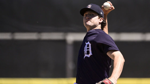 LAKELAND, FLORIDA - MARCH 19: Casey Mize #12 of the Detroit Tigers warms up prior to the game between the Toronto Blue Jays and the Detroit Tigers during a spring training game at Publix Field at Joker Marchant Stadium on March 19, 2021 in Lakeland, Florida.