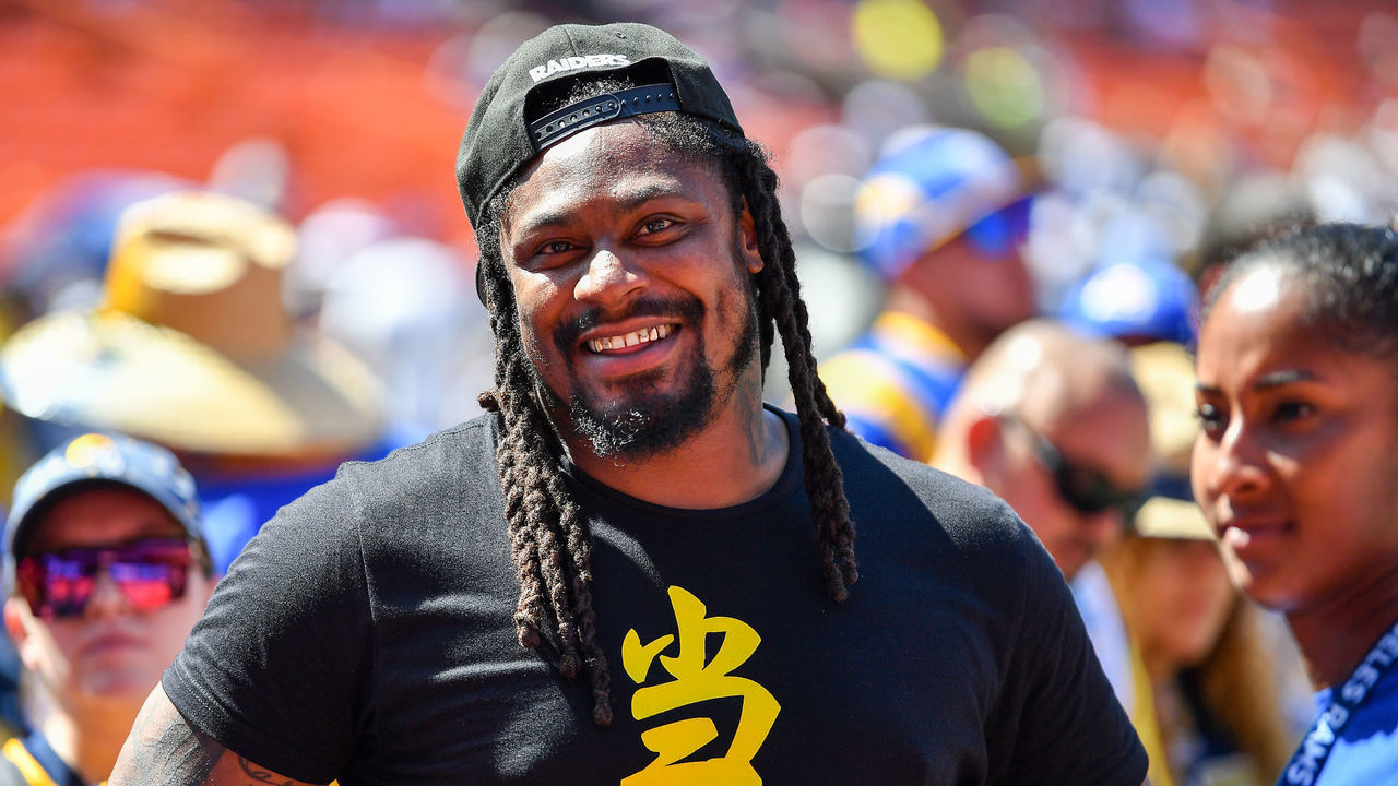 HONOLULU, HAWAII - AUGUST 17: Retired NFL footballer Marshawn Lynch is all smiles before the preseason game between the Dallas Cowboys and the Los Angeles Rams at Aloha Stadium on August 17, 2019 in Honolulu, Hawaii.
