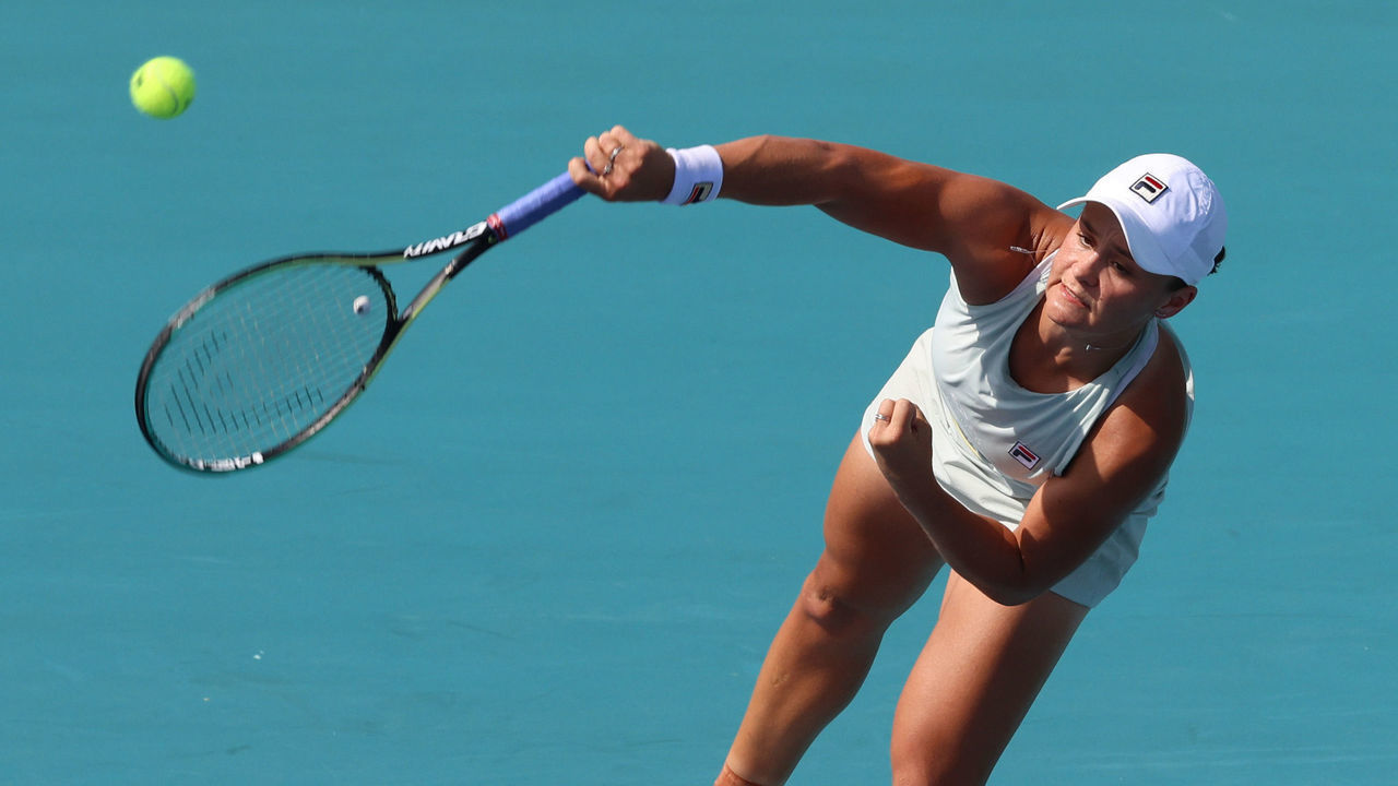 MIAMI GARDENS, FLORIDA - MARCH 25: Ashleigh Barty of the United States serves during her women's singles second round match against Kristina Kucova of Slovakia on Day 4 of the 2021 Miami Open presented by Itaú at Hard Rock Stadium on March 25, 2021 in Miami Gardens, Florida.