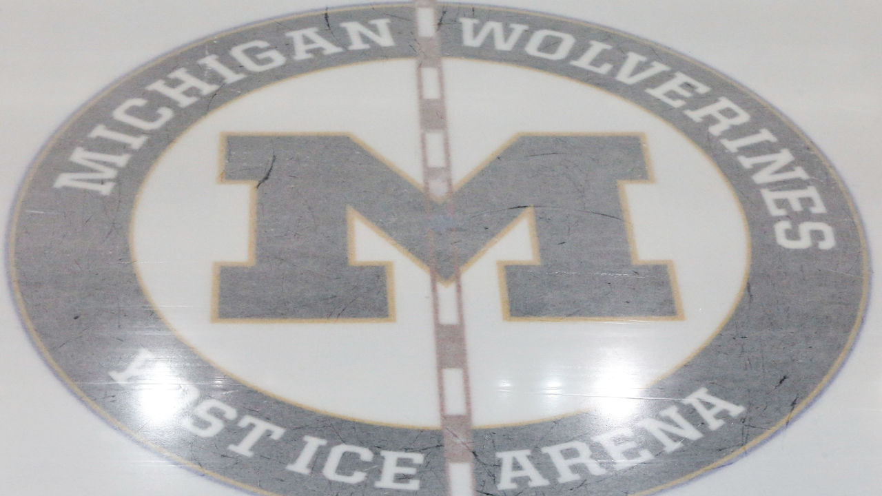 ANN ARBOR, MI - JANUARY 19: A general view of the Michigan logo at center ice is seen during a regular season Big 10 Conference hockey game between the Penn State Nittany Lions and Michigan Wolverines on January 19, 2018 at Yost Ice Arena in Ann Arbor, Michigan.