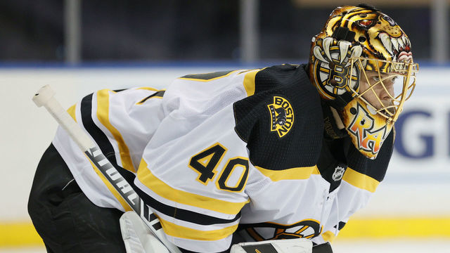 NEW YORK, NEW YORK - FEBRUARY 28: Tuukka Rask #40 of the Boston Bruins looks on during the second period against the New York Rangers at Madison Square Garden on February 28, 2021 in New York City.