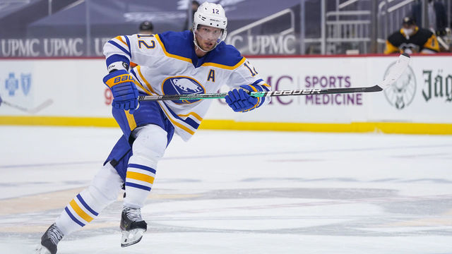 PITTSBURGH, PA - MARCH 24: Buffalo Sabres Center Eric Staal (12) skates during the second period in the NHL game between the Pittsburgh Penguins and the Buffalo Sabres on March 24, 2021, at PPG Paints Arena in Pittsburgh, PA.