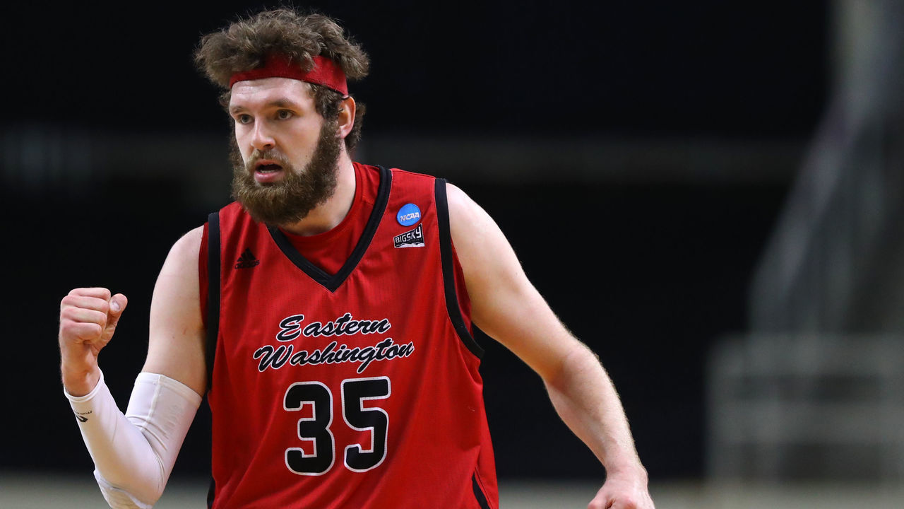 INDIANAPOLIS, INDIANA - MARCH 20: Tanner Groves #35 of the Eastern Washington Eagles reacts during the first half against the Kansas Jayhawks in the first round game of the 2021 NCAA Men's Basketball Tournament at Indiana Farmers Coliseum on March 20, 2021 in Indianapolis, Indiana.
